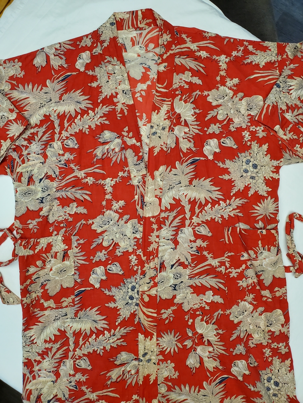 Boho Floral Kimono Wrap Top Tie Waist Red Cotton Resort Coastal Blouse